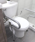 Solid Adjustable Toilet Safety Rails For Seniors Offering Smooth Bailout Support With Non Slip Padded Arms Heavy Duty 300 LB Capacity Top Shelf Bathroom Assist Bars Commode Seat Frame beside toilet.