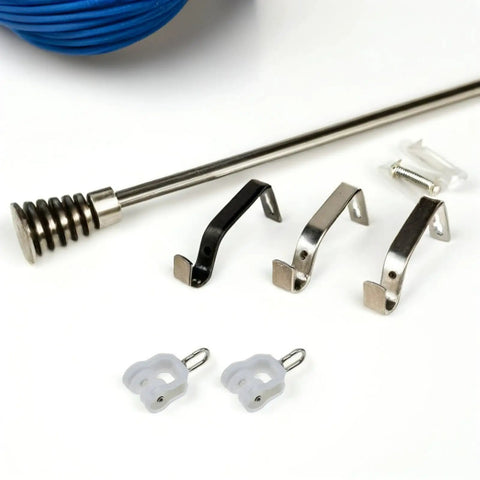 Smooth Operation Curtain Track Pulley Set Featuring Rock Solid Plastic Double Wheel Rollers For Seamless Sliding On Straight Or Curved Tracks Zero Hassle Easy DIY Fix components including metal clips and a rod.