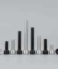 Twenty Piece M8 Hex Socket Head Cap Screws With Allen Wrench Black Oxide Finish assortment of silver and black bolts of varying lengths.