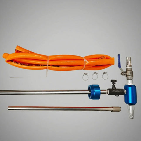 Precision Liquid Mixing Equipment Coolant Dispenser cutting fluid proportioning unit with blue valve, stainless tubes, and orange hose.