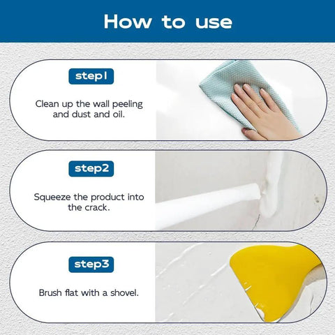 How to use No Sweat Drywall Repair Kit including steps for cleaning, applying paste, and smoothing with a shovel.