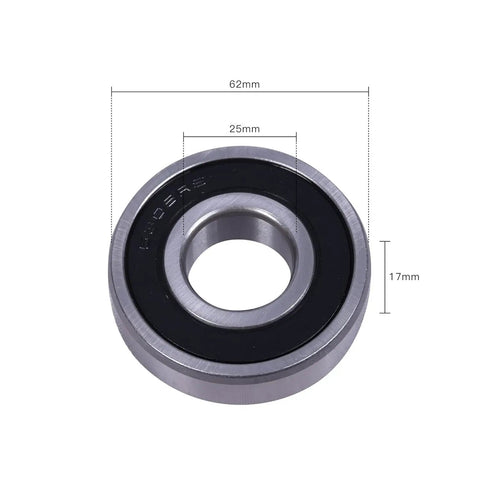 Tough As Nails Deep Groove Ball Bearings 6305 2RS 62X25X17Mm Double Sealed Chrome Steel showing dimensions of 62mm, 25mm, 17mm.