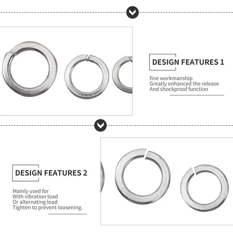 Design features of 600 Piece Stainless Steel Spring Lock Washer Kit M2 To M10 with flat and split gaskets for industrial repair.