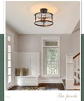 Black Flush Mount Ceiling Light Two Light Crystal Chandelier With Caged Drum Design in modern entryway