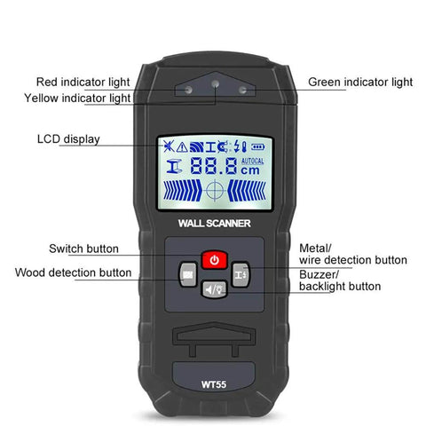 4 In 1 Electronic Stud Finder Wall Scanner To Nail Center Detection And Sound Alerts For Scouting Wooden Studs Copper Pipe Metal Clips Plus Live Ac Cables Making Home Repair A Breeze For Any Garage Tinkerer showing LCD display and buttons for wood and metal detection.