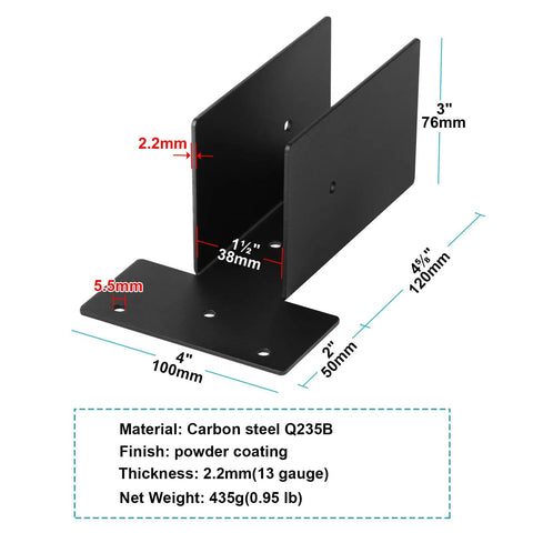Four Pack Upper Mount Pergola Rafter Brackets For 2x4 Beams, Black T Shape Connectors For Deck Railing, Beefy 13 Gauge Steel, Heavy Duty, Easy Install, Great For Gazebos, Patios, And Outdoor Structures