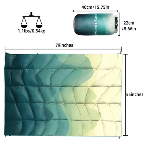 Outdoor Puffy Camping Blanket With Lightweight Down Alternative Fill Large Packable Quilted Throw shown with dimensions and weight
