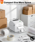 Wireless Bluetooth 4x6 Shipping Label Printer For iPhone And Android No Fuss Setup Print 4x6 Labels For Amazon eBay Shopify Etsy UPS Portable Thermal Label Printer For Packages With RLabel App White in a workspace with printed labels and packaging materials visible.
