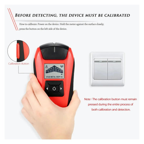 Handheld Stud Finder Wall Detector With Lcd Screen Finds Wood Metal Studs And Ac Cables Dead On Detection No Hassle Game Changer Scanner For Diy Remodeling Straightforward Setup Quick Reads, showing calibration button and LCD display.