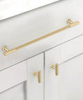 10 Pack Brushed Gold Cabinet Pulls Heavy Duty Kitchen Drawer Handles on white cupboards, solid metal design, sleek finish.