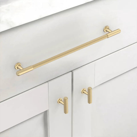 10 Pack Brushed Gold Cabinet Pulls Heavy Duty Kitchen Drawer Handles on white cupboards, solid metal design, sleek finish.
