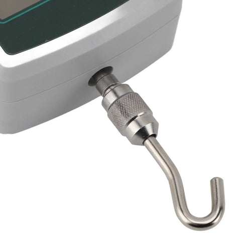 Top Shelf Digital Force Gauge 30N To 300N Handheld Push Pull Tester with metal hook attachment for precision measurements.
