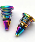 Hella Durable Titanium Bleed Screws With Precision Leak Proof O Rings For Hydraulic Disc Brakes Road And Mountain Bike Trail Ready Slick Direct Fit Upgrade Kit, two colorful titanium screws.