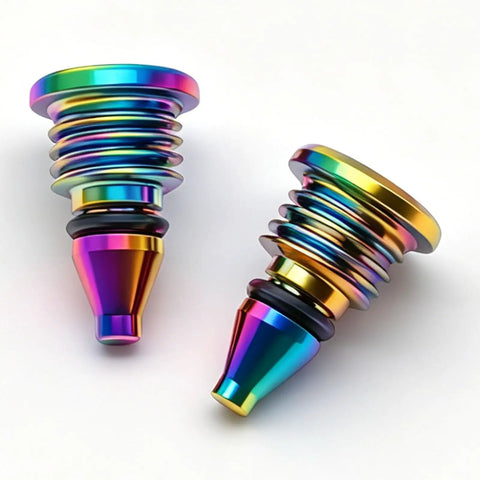 Hella Durable Titanium Bleed Screws With Precision Leak Proof O Rings For Hydraulic Disc Brakes Road And Mountain Bike Trail Ready Slick Direct Fit Upgrade Kit, two colorful titanium screws.