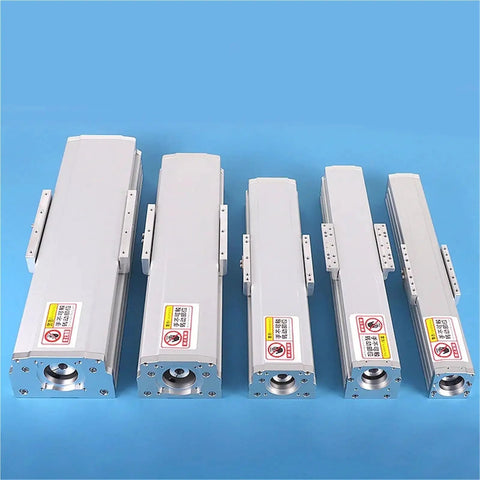 Fully Enclosed Linear Guide Module Featuring Heavy Duty Ball Screw Drive And Silky Smooth Sliding Table in various sizes on blue background.