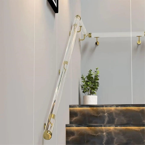 Straight Up Heavy Duty Clear Acrylic Stair Handrail With Solid Gold Wall Mount Brackets Non Slip Interior Banister For Dead Solid Safety On Every Step And Smooth Custom Fits on stylish staircase