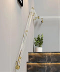 Straight Up Heavy Duty Clear Acrylic Stair Handrail With Solid Gold Wall Mount Brackets Non Slip Interior Banister For Dead Solid Safety On Every Step And Smooth Custom Fits on staircase with elegant design.