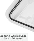 Close-up of silicone gasket seal in six pack five gallon waterproof storage totes IP68 submersible plastic bins.