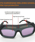 Heavy Duty Auto Darkening Welding Helmets Boasting Smooth True Color Solar Views Solid Eye And Face Shields For TIG Mig Arc Workers Includes No Sweat Comfort Grip Gloves, showing front view of auto darkening goggles.