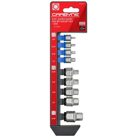 Stubby Low Profile SAE Hex Bit Socket Set 9 Piece In One Eighth To Nine Sixteenths Inch S2 Steel With Ultra Short Allen Sockets