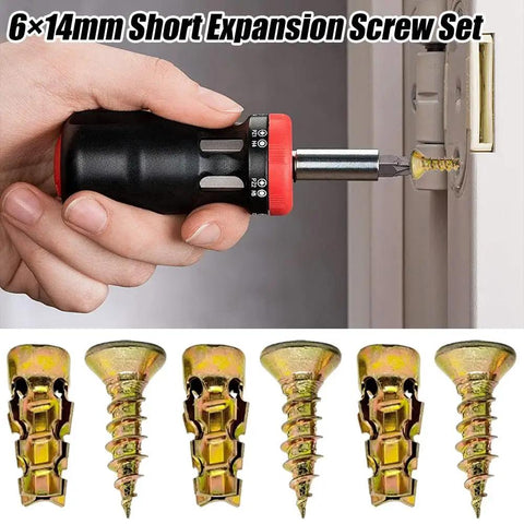 Hand utilizing screwdriver with 6x14mm Short Expansion Screws For Cabinet Hinge Repair And Stripped Thread Restoration Kit