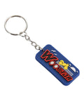 Blue keychain with yellow motorcycle and red 'WooStar' text design
