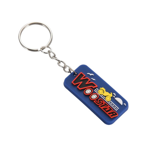 Blue keychain with yellow motorcycle and red 'WooStar' text design