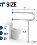 Rock Solid Floor Mounted Toilet Knurled Grab Bar With Leg Heavy Duty Brushed Nickel Stainless Steel Support Handle Bathroom Stand Assist Safety Rail 31 Inch dimensions shown beside a toilet.