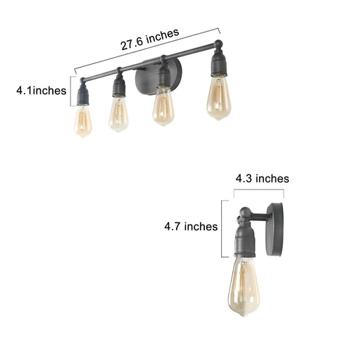 Dope Industrial Water Pipe Vanity Light 4 Head Wall Lamp Dark Silver Finish dimensions illustration
