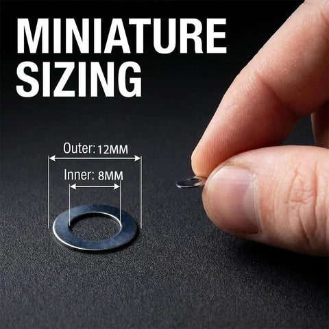 Top Shelf M8 Steel Shim Washers Set Eighty Pieces Precision Ultra Thin Spacers For Electronics And Scale Model Assembly Tough Hardware With Slick Finish Nailed It, showing 12mm outer and 8mm inner sizes.