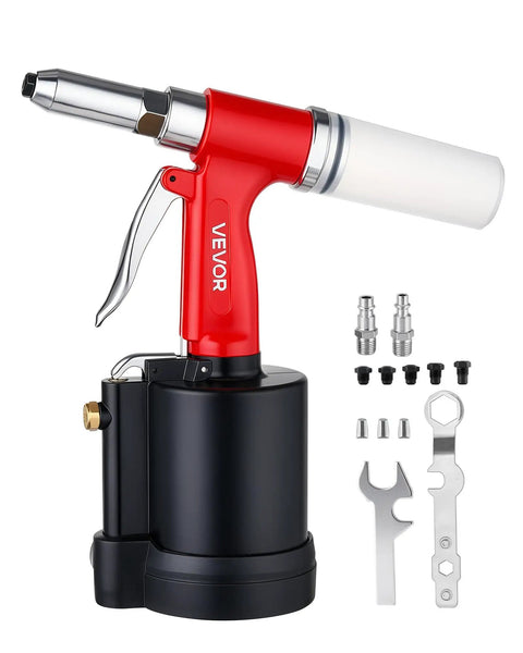 Heavy Duty Pneumatic Rivet Gun Kit With Five Jaw Sets For Quick Fastening Hella Durable Air Riveter showing red and black design with accessories.