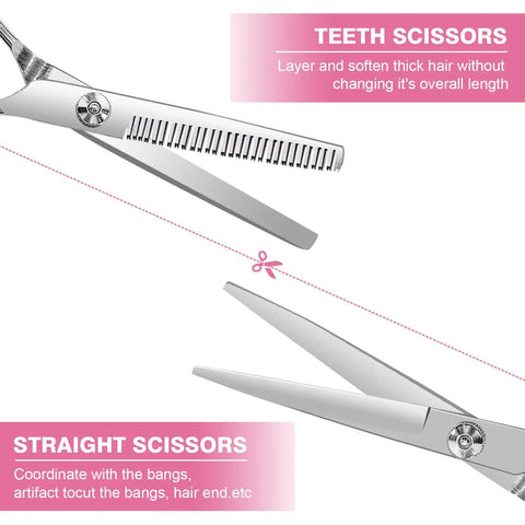 Game Changing DIY Haircutting Kit For Home Use Including Ultra Slick Hair Scissors Split Ends Trimmer And Precision Bangs Clips featuring teeth and straight scissors.