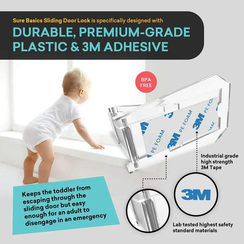 Sliding Closet Door Child Lock With Double Sided Tape Easy Install shown in clear durable plastic with 3M adhesive.