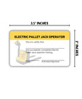 5 Pack Electric Pallet Jack Operator Credential Cards 2 By 3.5 Inch wallet-sized plastic training certificate with forklift image.