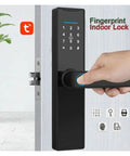 Premium Wireless Smart Door Lock Featuring Biometric Finger Scan And Numeric Keypad Interface Enabling Decoy Code Defense To Block Snoops Plus Instant Grip Activated Handling For Breezy Daily Grind Access, close-up of black indoor lock with numeric keypad and biometric scanner.