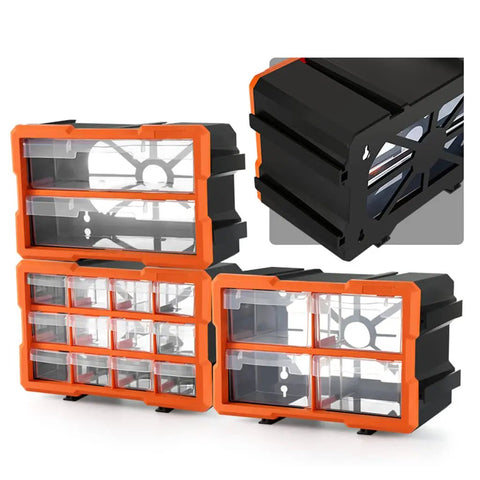 Heavy Duty Plastic Hardware Toolbox With Slide Out Compartments For Screws Bolts And Parts Organizer, clear lid, black base, orange clips, 30x20x16.5cm.
