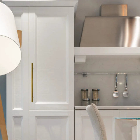 Top Notch Brushed Brass Cabinet Handles 30 Pack Drawer Pulls With 10 Inch Hole Centers on white kitchen cabinetry.