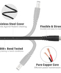 Built Different Tough As Nails Armored Dc Power Cord For Trail Cameras And Solar Panels 79 Inches showing flexible stainless steel cover.