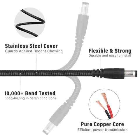 Built Different Tough As Nails Armored Dc Power Cord For Trail Cameras And Solar Panels 79 Inches showing flexible stainless steel cover.