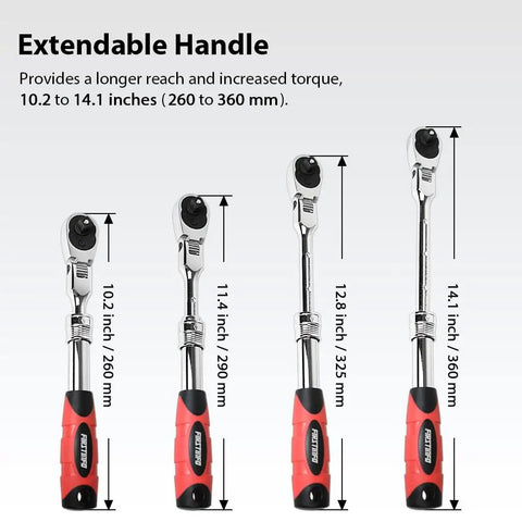 Locking Flexible Extendable Ratchet Wrench With A 180 Degree Flex Head For Three Eighth Inch Drive Reversible With Seventy Two Tooth in different lengths