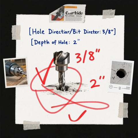 Image showing a 3/8 inch drill bit, diagrams, and notes on hole diameter and depth at 2 inches, with photos of drill and drilled material.