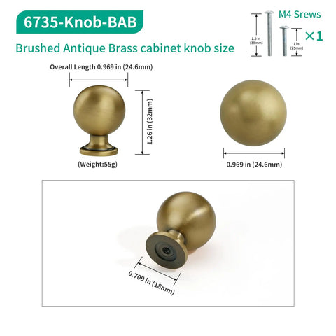 Brushed Antique Brass Cabinet Knobs Set 10 Pack Solid Zinc Alloy Drawer Knobs dimensions and screws
