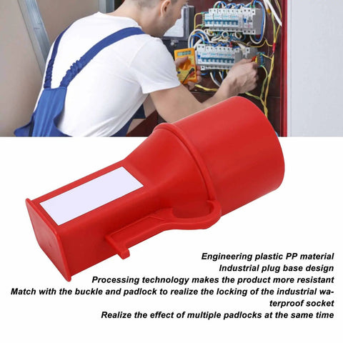 Rugged Industrial Socket Lockout Device For Maintenance in red PP nylon with worker servicing equipment