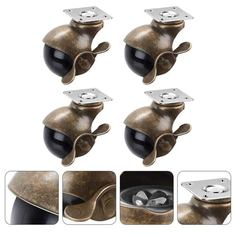Four Pack Vintage Brass Furniture Casters With Butter Smooth Glidin Wheels For Chairs Tables And Storage Cabinets Designed To Haul Heavy Loads Silky Fast Across Any Floor close-up detail of wheels installed on mount