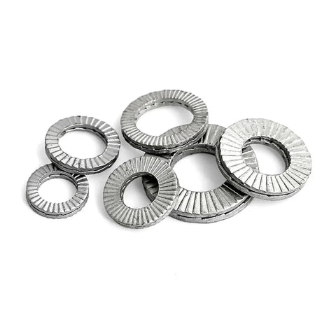 Heavy Duty 304 Stainless Steel Wedge Lock Washers Double Deck Gaskets M3 To M36 Din25201 stacked on a white background.