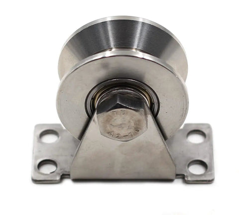 Stainless Steel 2 Inch Sliding Gate V Groove Roller Bearings Pulley Wheels With Bracket For Track Rail System, front view
