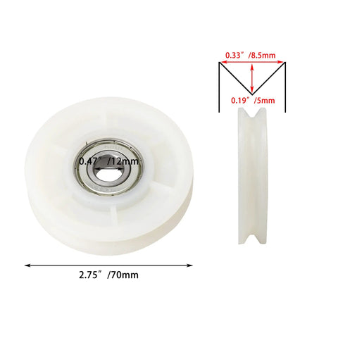 Top view of Creamy White Nylon Cable Pulley Wheel with Rock Solid Bearing Steel Core, 70mm diameter, for gym equipment.