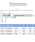 Digital Caliper 0.01mm with dimensions chart, stainless steel, measuring range 0-300mm, ideal for precise measurements.