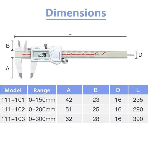 Digital Caliper 0.01mm with dimensions chart, stainless steel, measuring range 0-300mm, ideal for precise measurements.