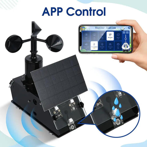 Ultimate ESP32 Weather Station Kit For IoT Nerds showcasing app control with weather forecast temperature humidity wind and rain sensor.